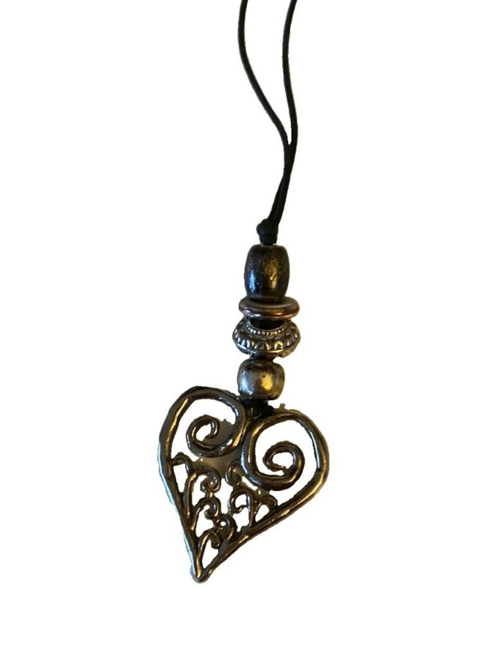 Vintage Silver Open Filigree Heart Scrollwork Necklace Heavy Pendant Cord